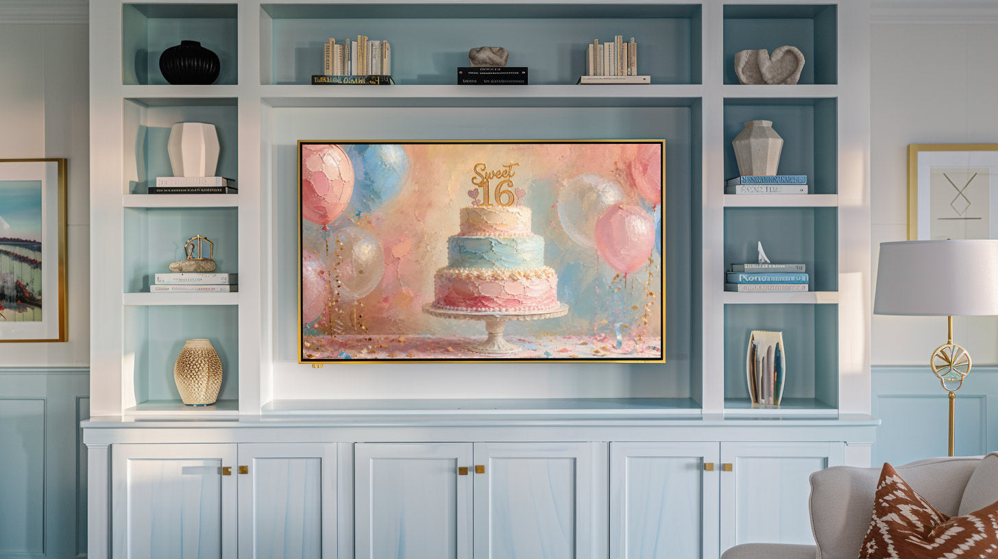 Sweet 16 Frame TV Art | Pastel Birthday Cake Digital Decor | Elegant Celebration TV Display