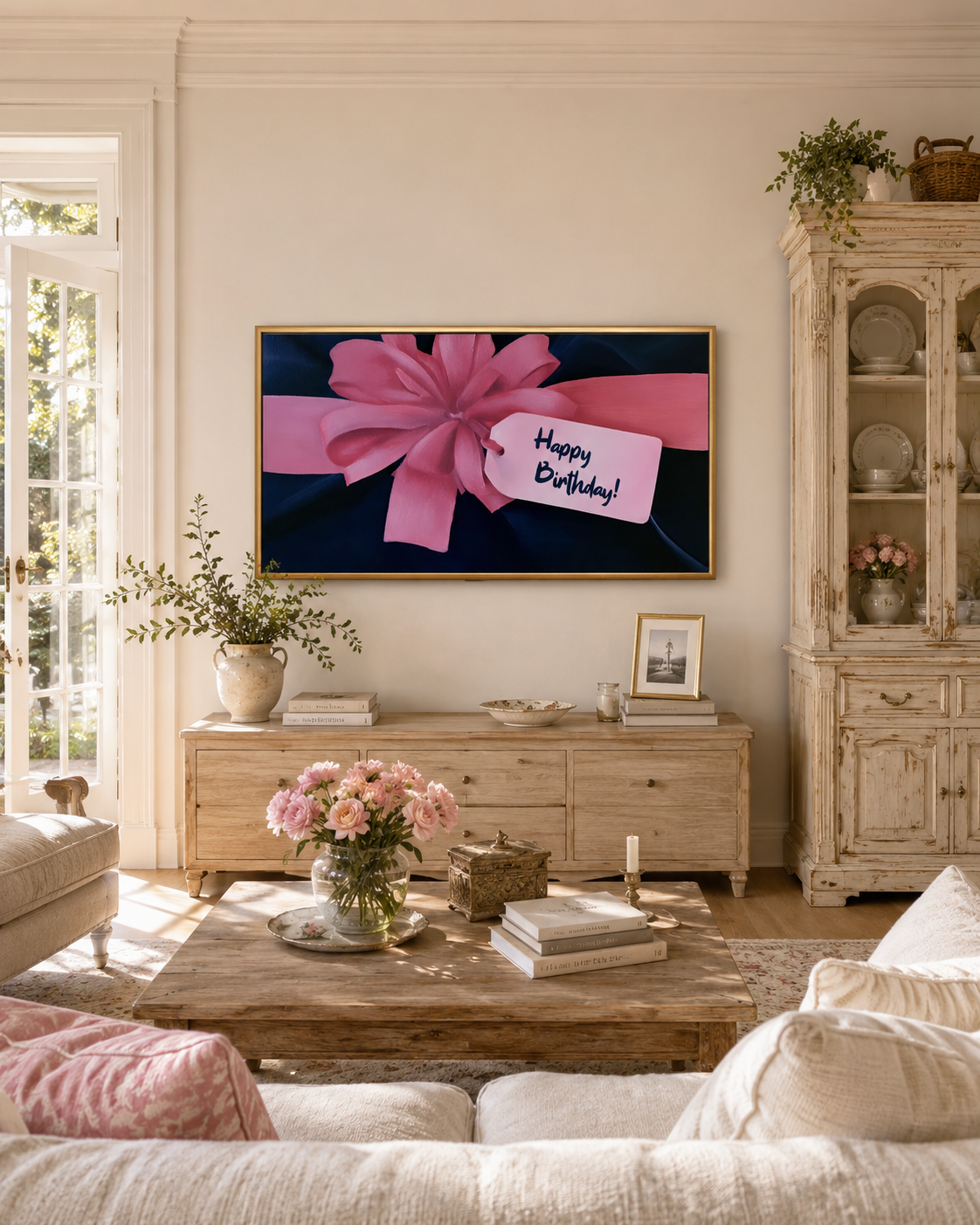 Birthday Gift Frame TV Art | Pink Bow Digital Decor | Chic Celebration TV Display