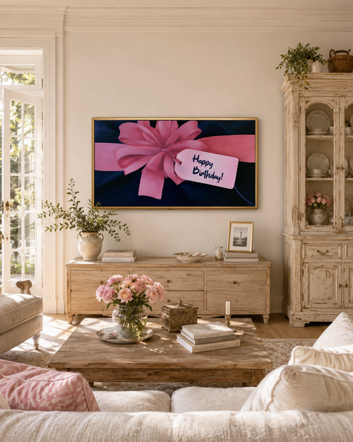 Birthday Gift Frame TV Art | Pink Bow Digital Decor | Chic Celebration TV Display
