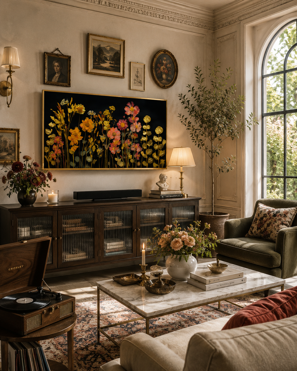 Golden Garden Frame TV Art | Moody Floral Digital Decor
