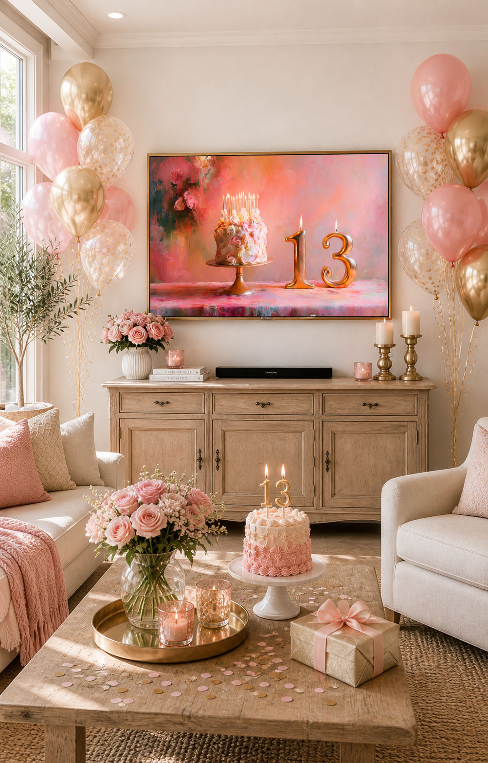 13th Birthday Frame TV Art | Pink Birthday Cake Digital Decor | Dreamy Celebration TV Display