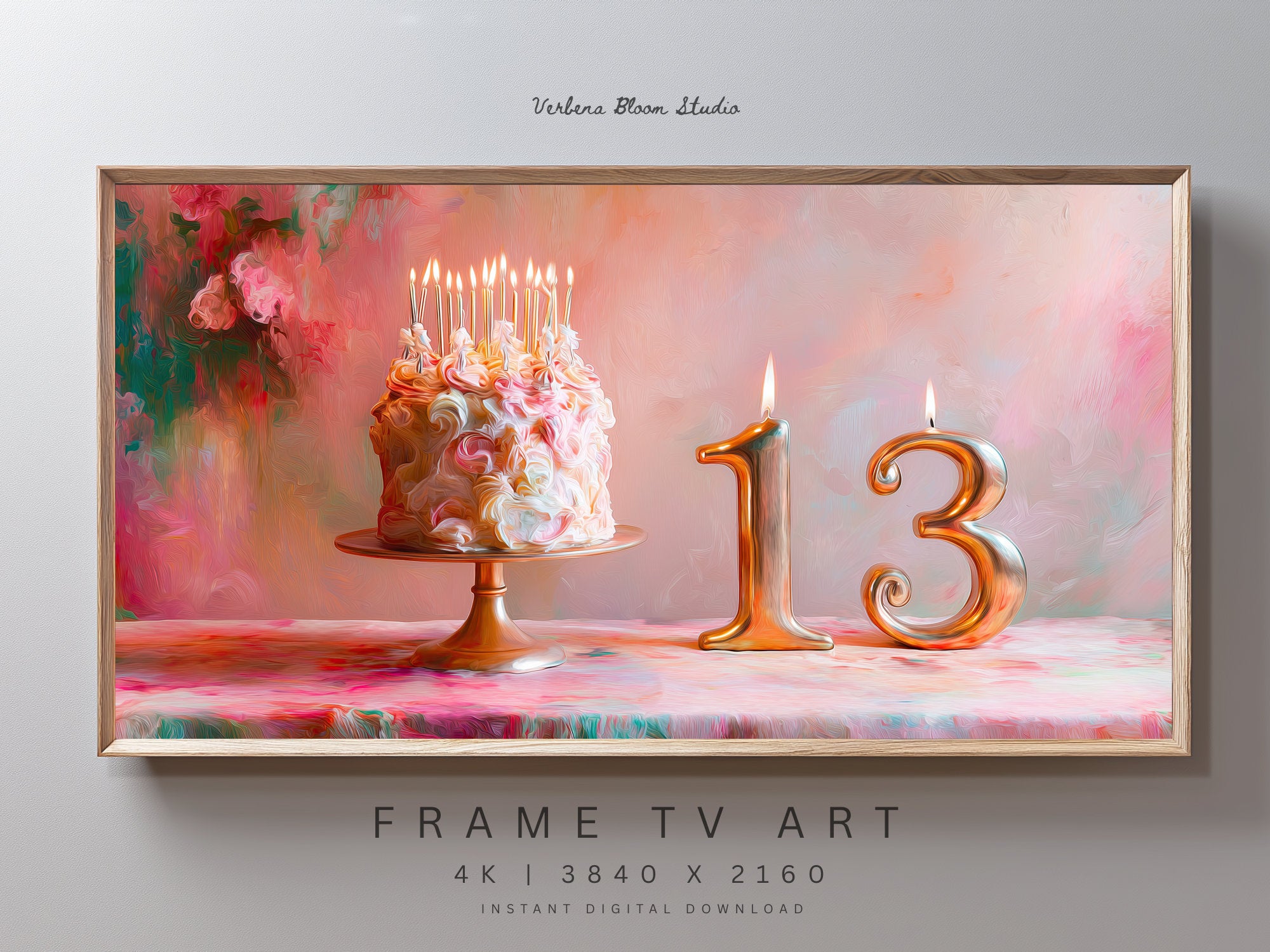 13th Birthday Frame TV Art | Pink Birthday Cake Digital Decor | Dreamy Celebration TV Display