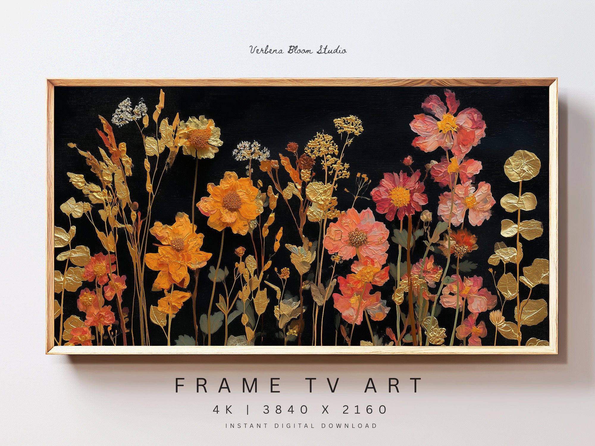 Golden Garden Frame TV Art | Moody Floral Digital Decor