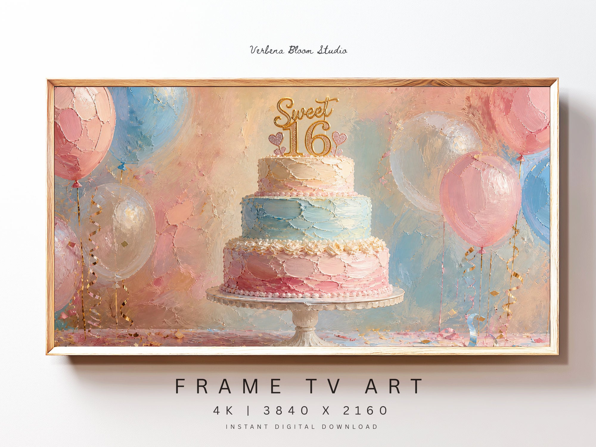 Sweet 16 Frame TV Art | Pastel Birthday Cake Digital Decor | Elegant Celebration TV Display
