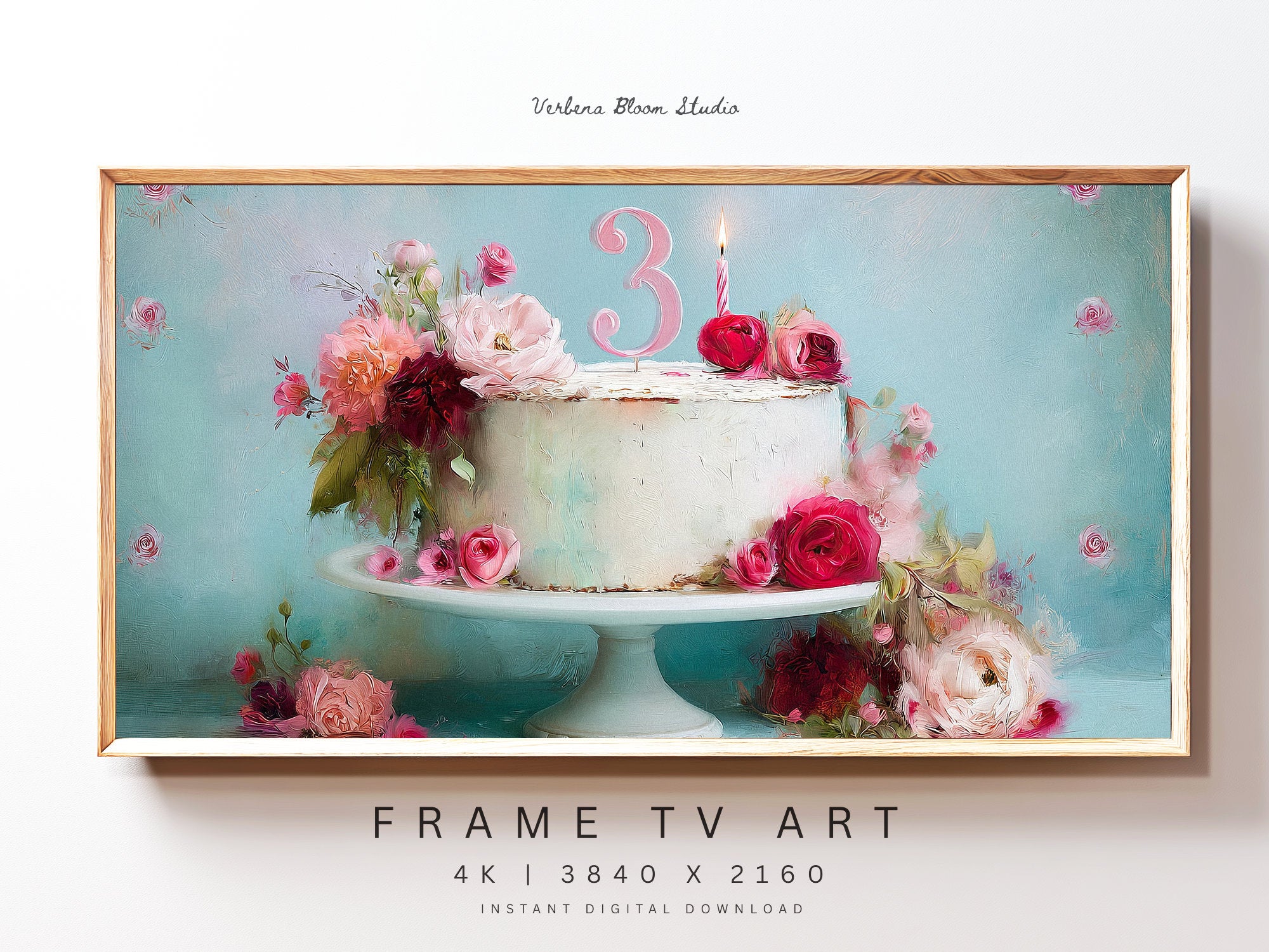 3rd Birthday Frame TV Art | Pastel Floral Cake Digital Decor | Whimsical Celebration TV Display