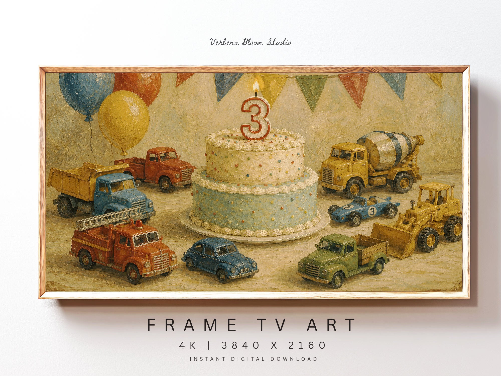 3rd Birthday Frame TV Art | Vintage Construction Birthday Digital Decor | Playful Celebration TV Display