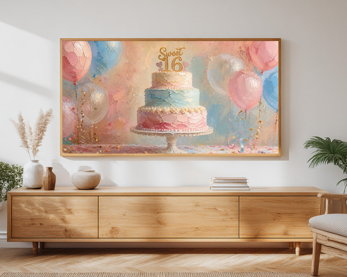 Sweet 16 Frame TV Art | Pastel Birthday Cake Digital Decor | Elegant Celebration TV Display