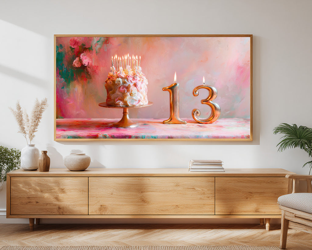 13th Birthday Frame TV Art | Pink Birthday Cake Digital Decor | Dreamy Celebration TV Display