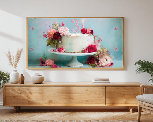 3rd Birthday Frame TV Art | Pastel Floral Cake Digital Decor | Whimsical Celebration TV Display