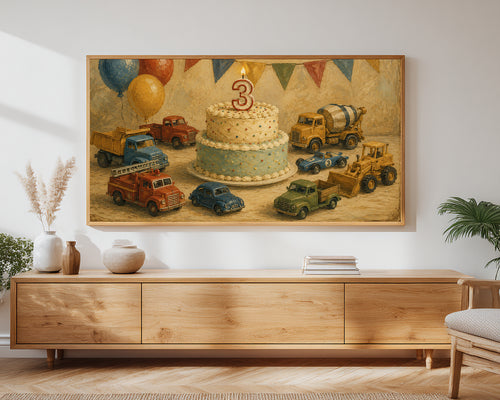 3rd Birthday Frame TV Art | Vintage Construction Birthday Digital Decor | Playful Celebration TV Display