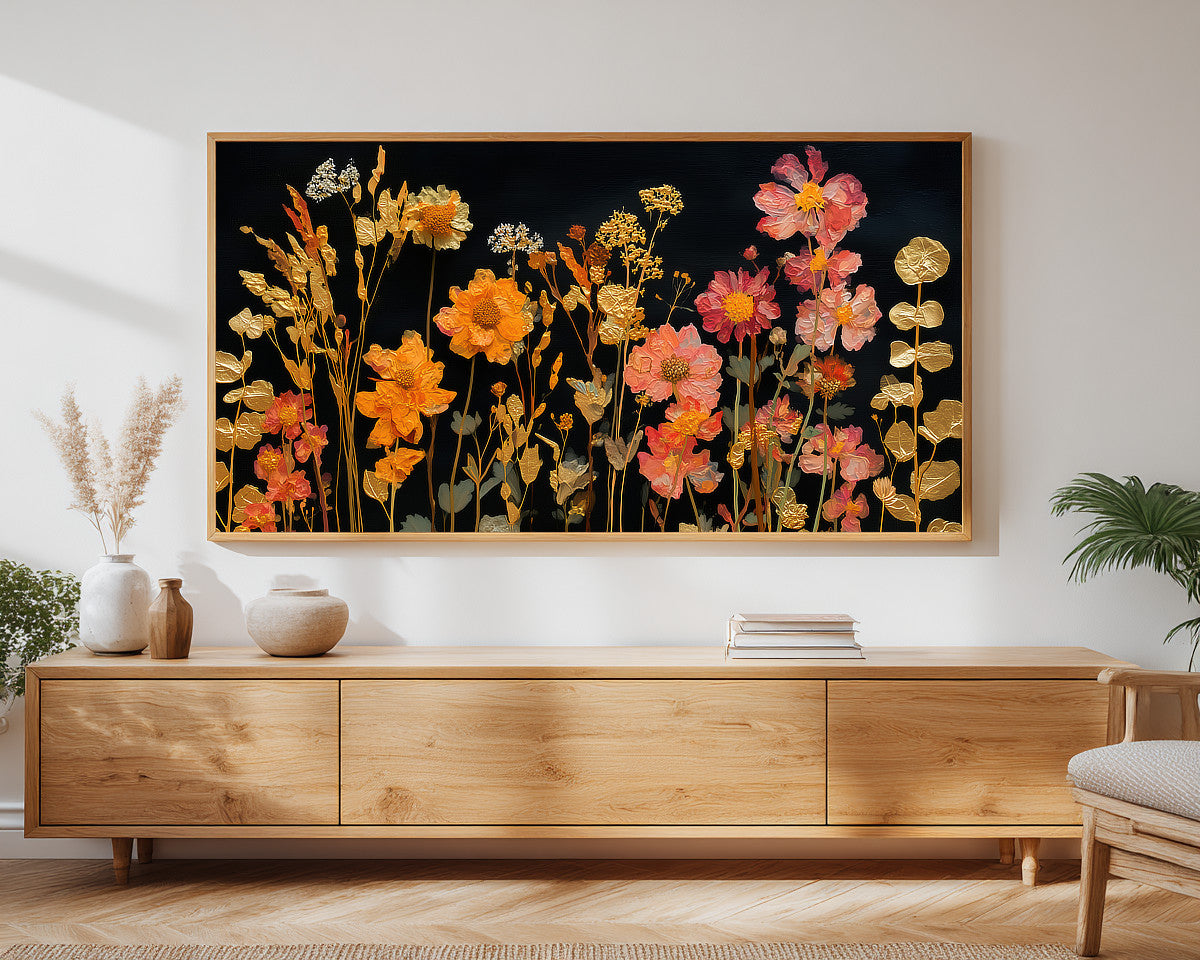 Golden Garden Frame TV Art | Moody Floral Digital Decor